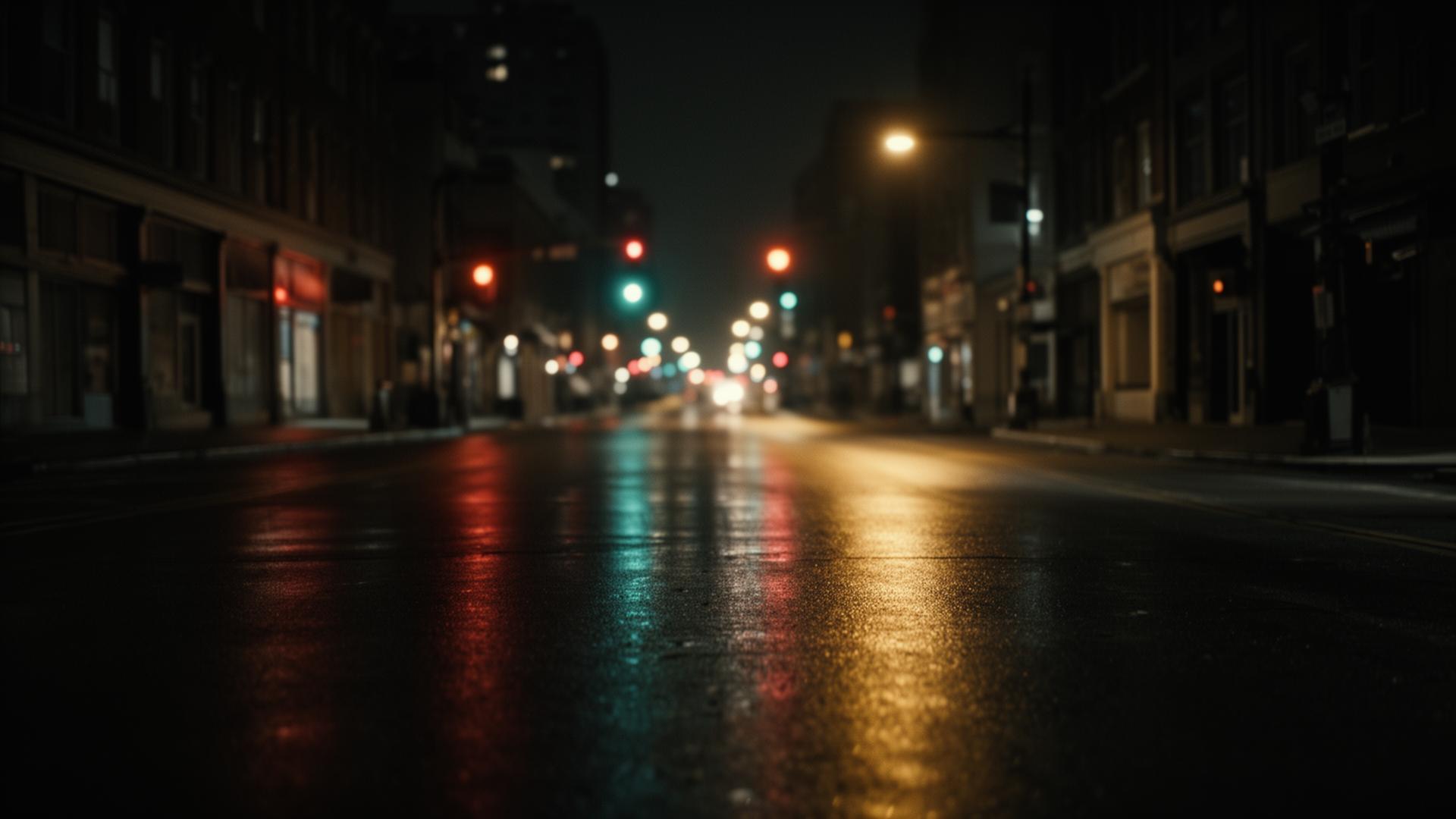 Calle urbana vacía de noche con luces reflejadas en el asfalto mojado