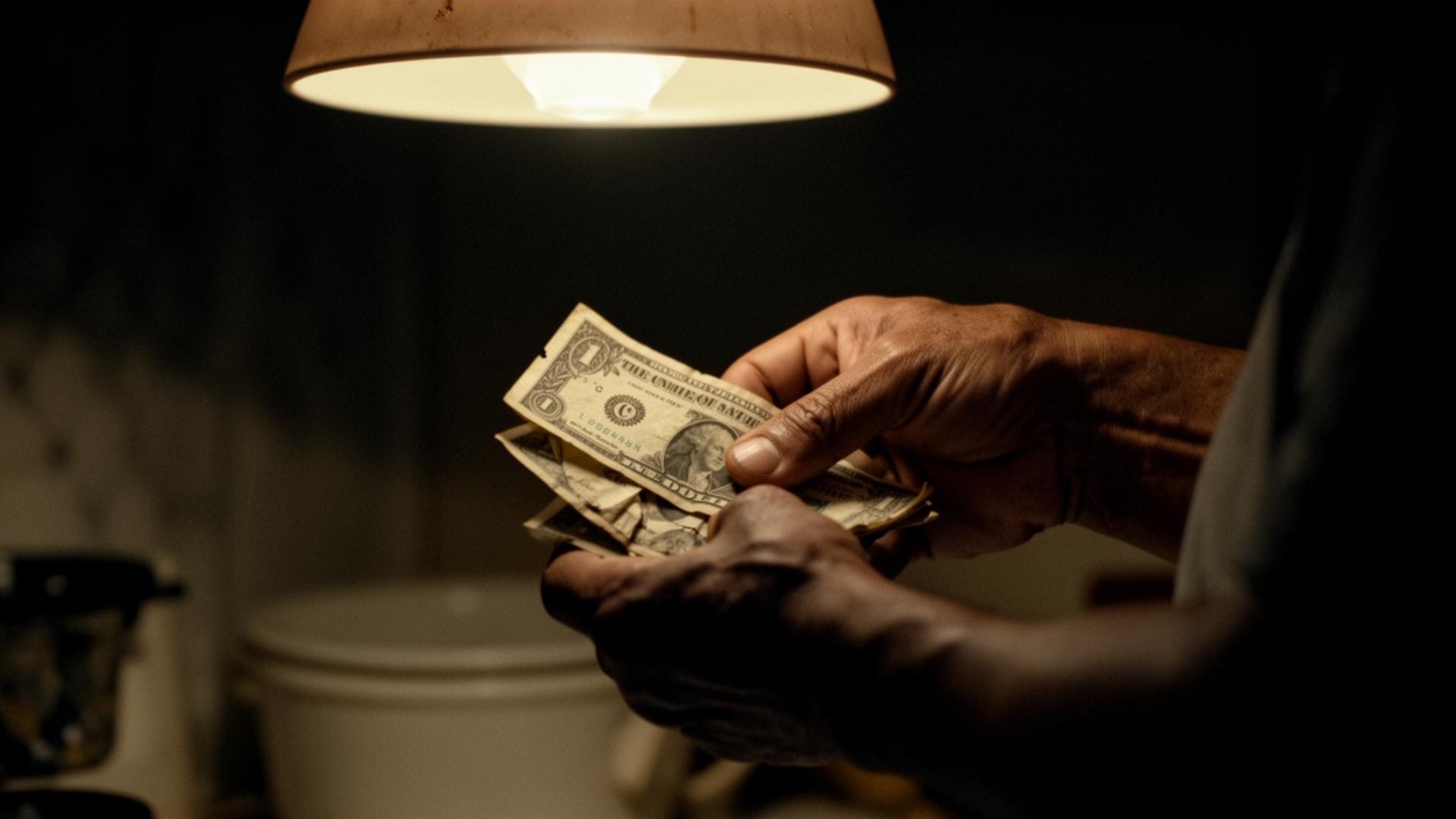 Manos contando billetes bajo una lámpara tenue por la noche